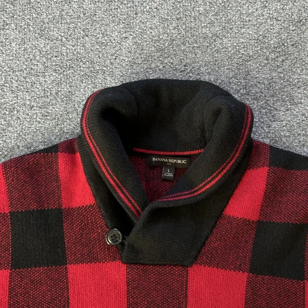 Banana Republic Sweater Mens Large Buffalo‎ Plaid Shawl Collar Pullover Wool
